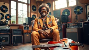 Leroy Silver passionately playing music in a vibrant recording studio setting.