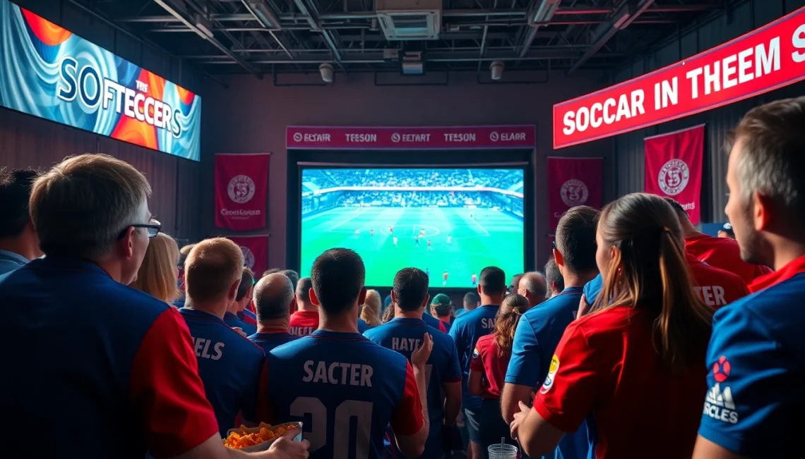 축구중계를 생생하게 즐기는 팬들이 모여 경기 관람하는 장면