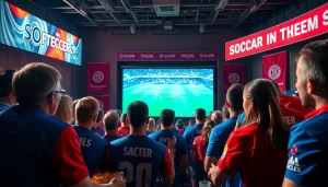 축구중계를 생생하게 즐기는 팬들이 모여 경기 관람하는 장면