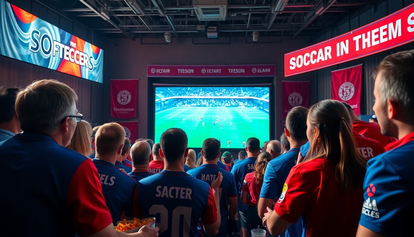 축구중계를 생생하게 즐기는 팬들이 모여 경기 관람하는 장면