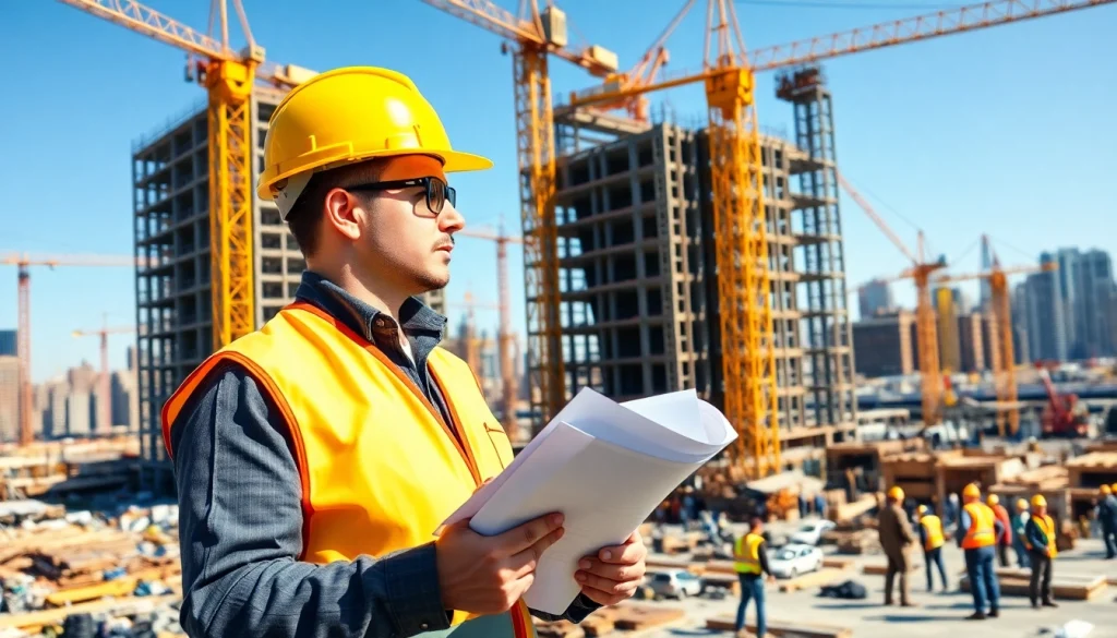 Manhattan Construction Manager directing a lively construction site with workers and cranes.