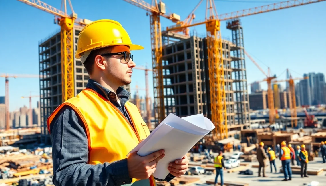 Manhattan Construction Manager directing a lively construction site with workers and cranes.