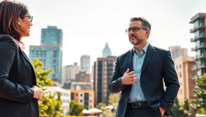 Real Estate agents discussing properties in an urban setting, highlighting vibrant city life.