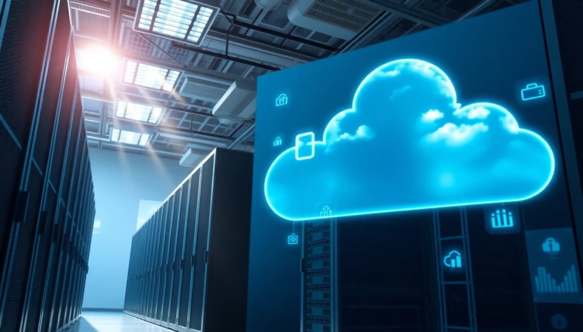 Visualize Hybrid Cloud Solutions in a modern data center with sleek server technology and cloud graphics.