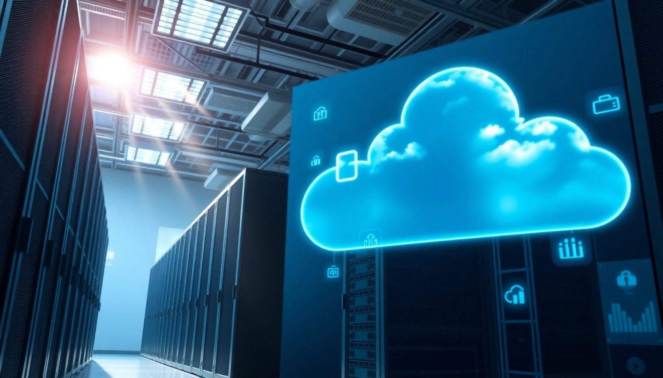 Visualize Hybrid Cloud Solutions in a modern data center with sleek server technology and cloud graphics.