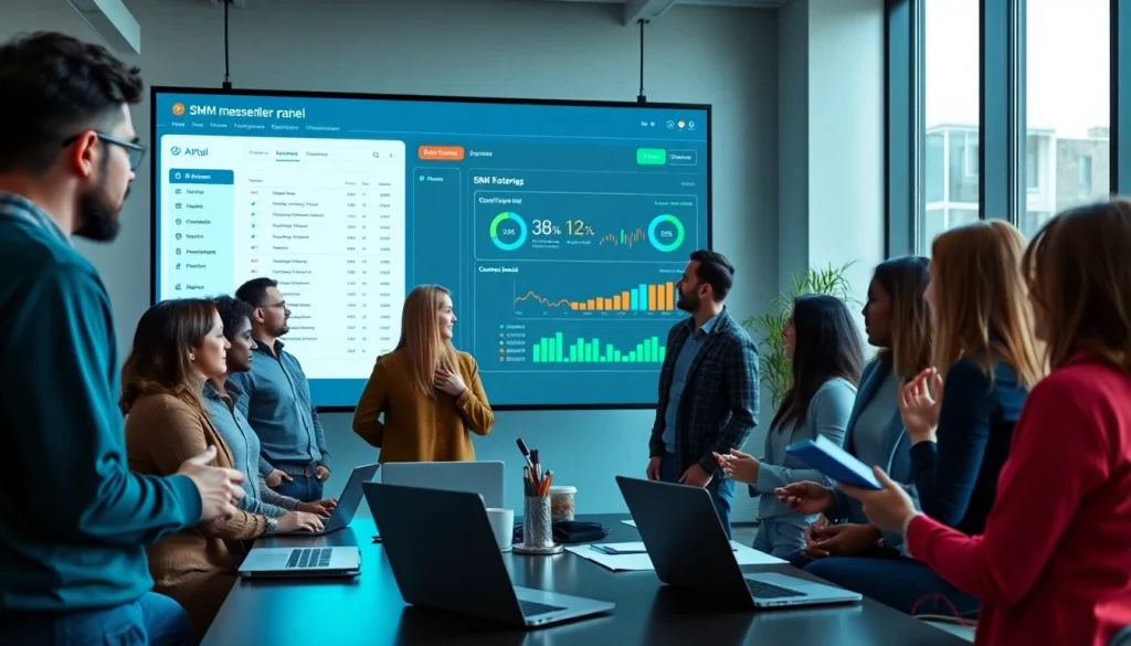 Showcase the benefits of smm reseller panel through an engaged team in a modern workspace.