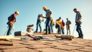 Professional roofing services team diligently working on residential rooftop with tools visible.