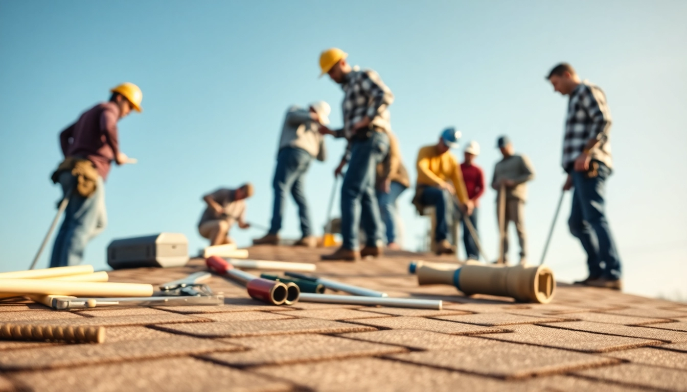 Professional roofing services team diligently working on residential rooftop with tools visible.