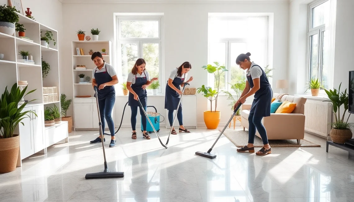 Enhance your space with our cleaning service team efficiently organizing a bright home.