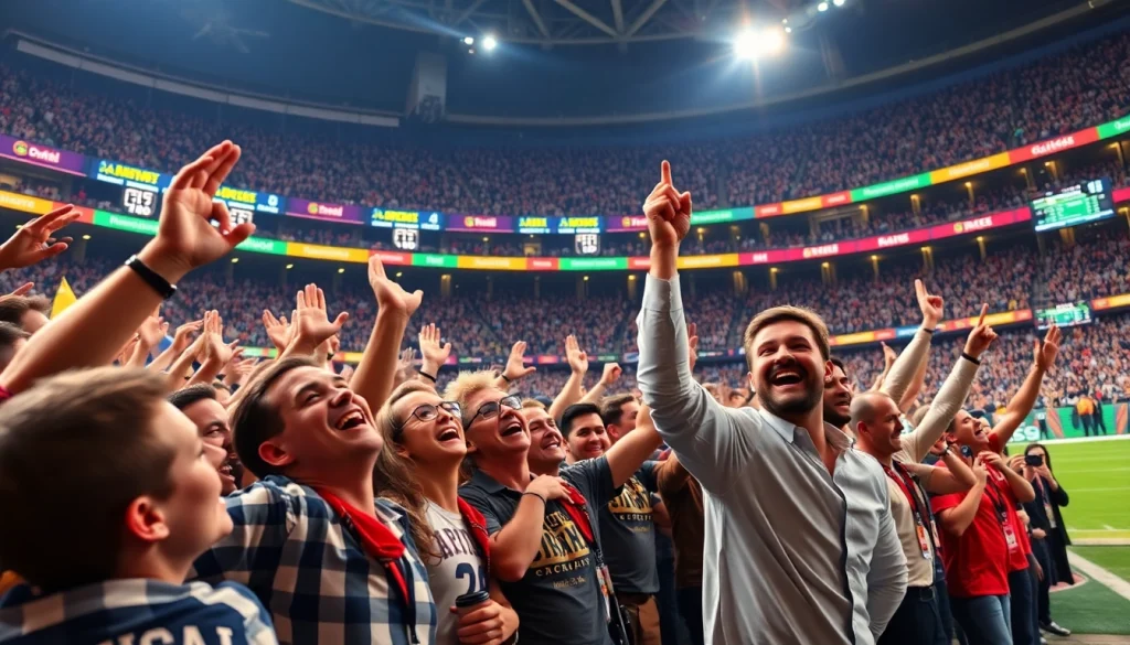 Exciting view of sports betting sites India featuring fans celebrating in a vibrant stadium atmosphere.