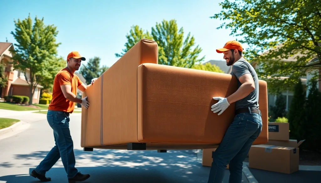 Best Toronto Movers efficiently lifting a sofa during a sunny residential relocation.