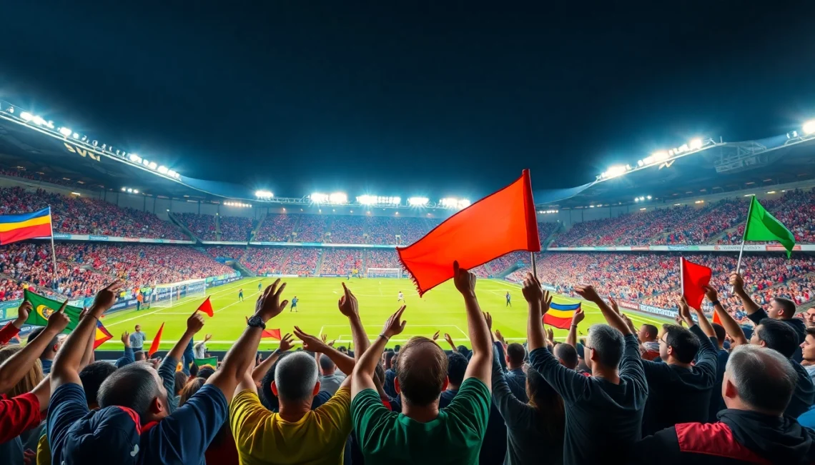 축구중계 중 열렬한 팬들이 응원하는 활기찬 경기장 모습