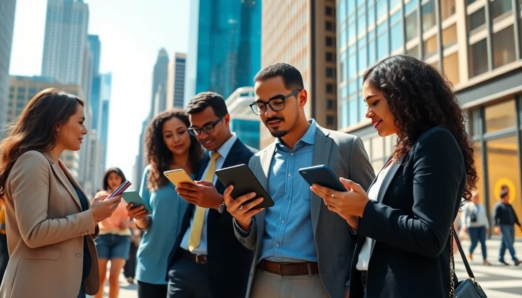 Searching for a job in chicago with diverse professionals in a bustling city setting.