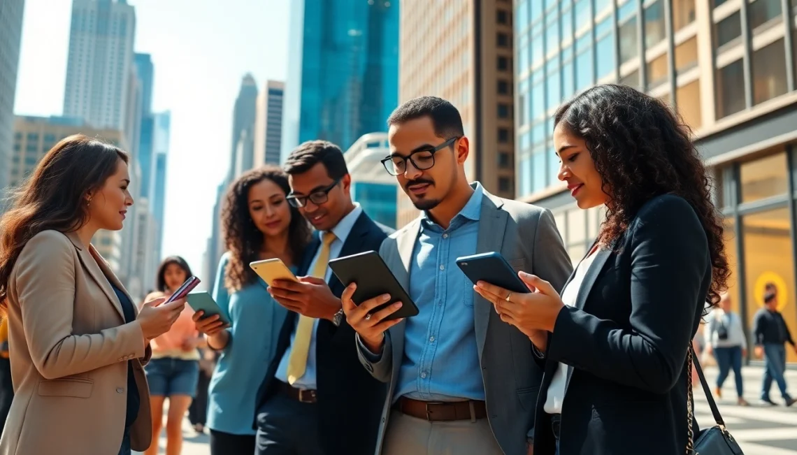 Searching for a job in chicago with diverse professionals in a bustling city setting.