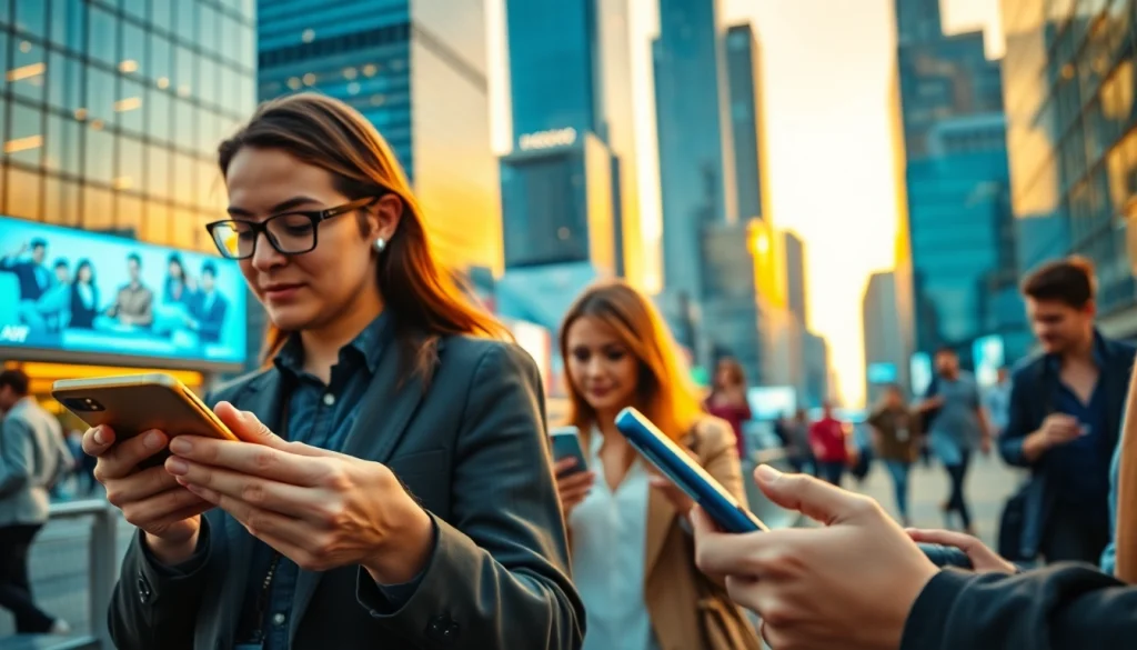 Engaged individuals using technology in an urban setting, showcasing modern devices.