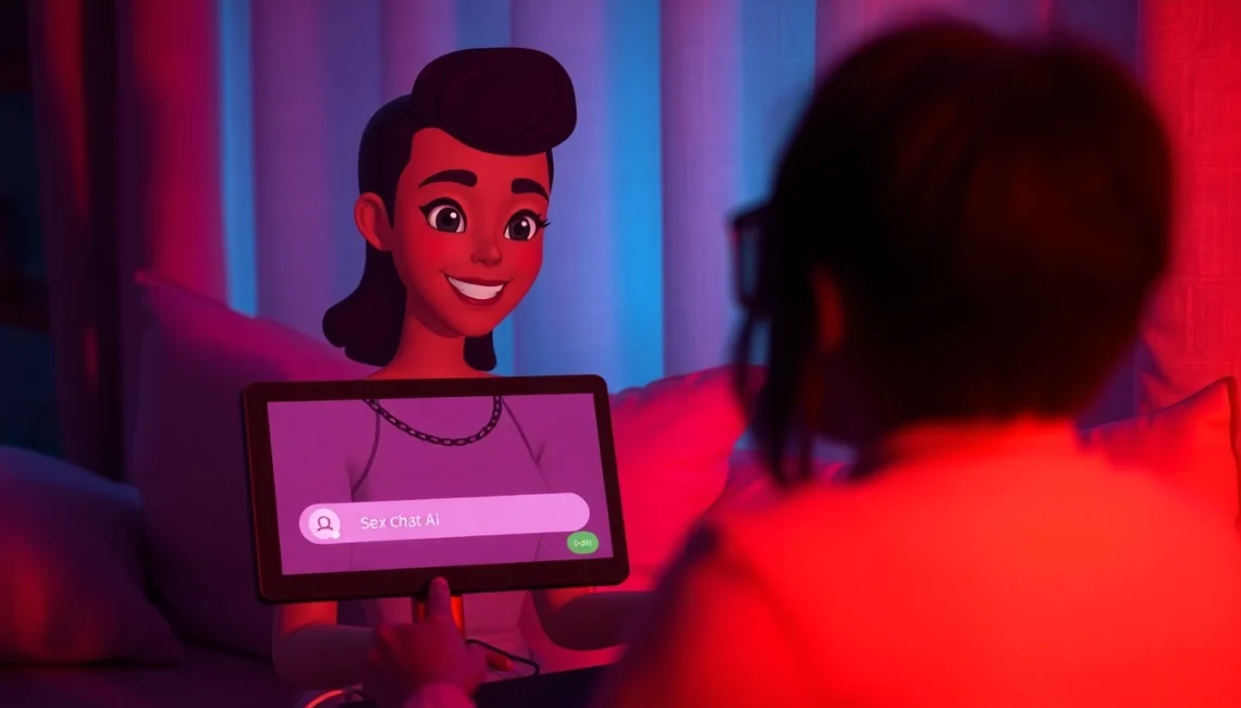 Engaging sex chat ai interaction with a friendly virtual character in a cozy setting.