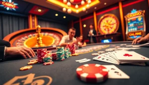 Experience thrilling gameplay at https://ok8386a.com/ with vibrant poker chips and an exciting casino atmosphere.