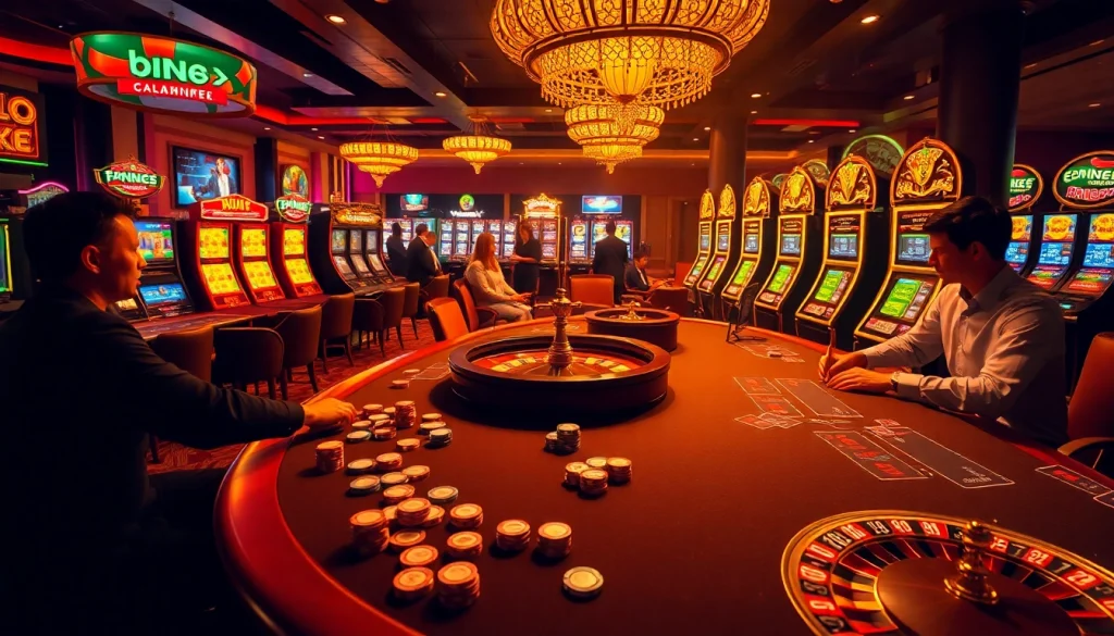 Experience thrilling gameplay at bk8's vibrant casino filled with poker tables and slot machines.