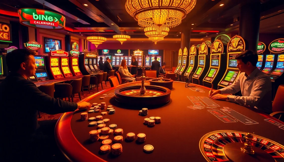 Experience thrilling gameplay at bk8's vibrant casino filled with poker tables and slot machines.