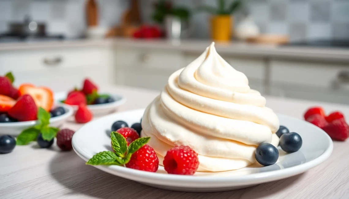 Mousseline dessert met zachte textuur, fris fruit en delicate garnering op een bord.