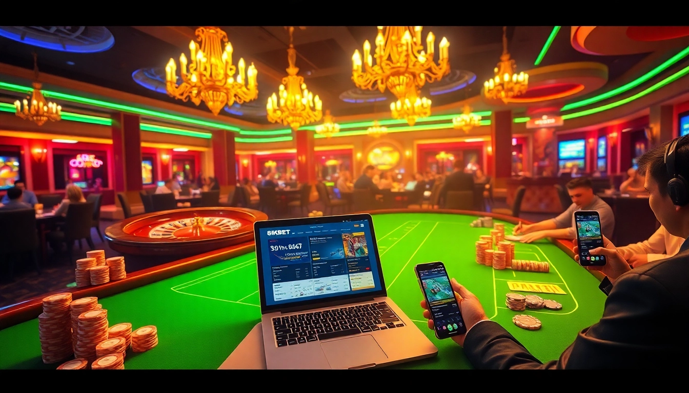 Experience thrilling gameplay with 8KBET, showcasing poker chips and roulette wheels in a luxurious casino setting.