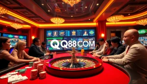 A thrilling online gaming scene highlighting QQ88 COM with players engaging at a colorful casino table.
