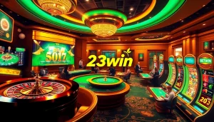 Players immersed in the stylish 23win casino atmosphere, enjoying various engaging games.