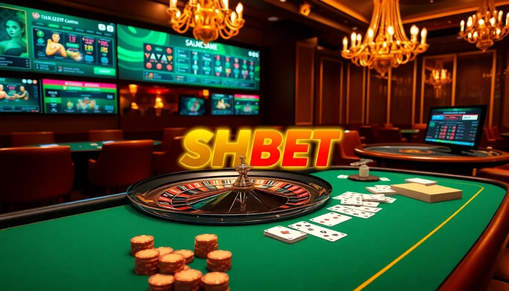 Experience thrilling moments at SHBET casino with vibrant tables, chips, and online gaming action.