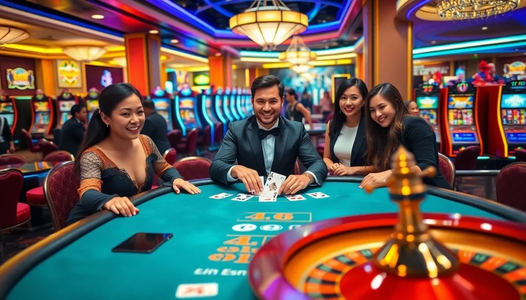 Players strategizing at the F8bet poker table in a luxurious casino setting.
