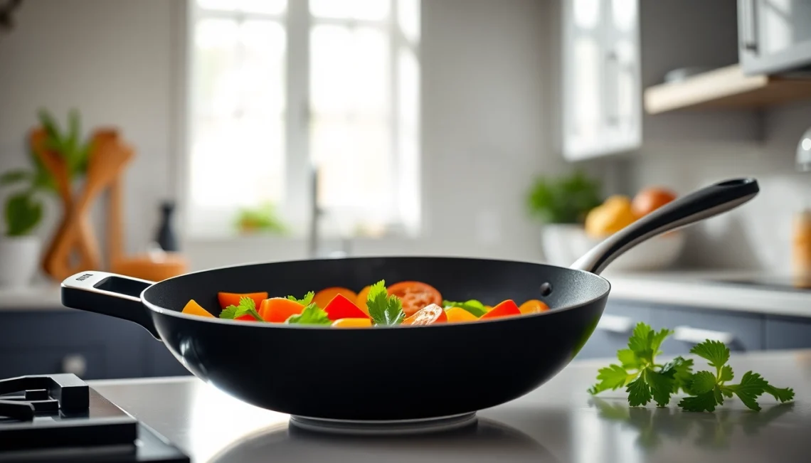 Cook vegetables in the best nonstick pan NZ set in a modern kitchen with bright lighting.