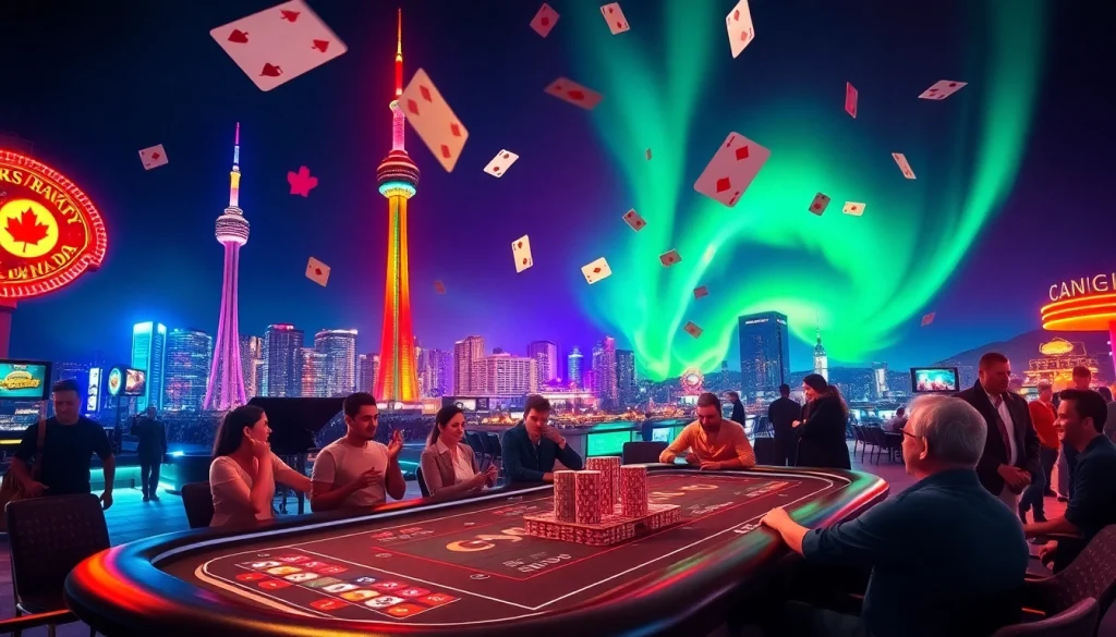 Experience the thrill of Canada online casinos with an engaging casino scene against a Canadian backdrop.