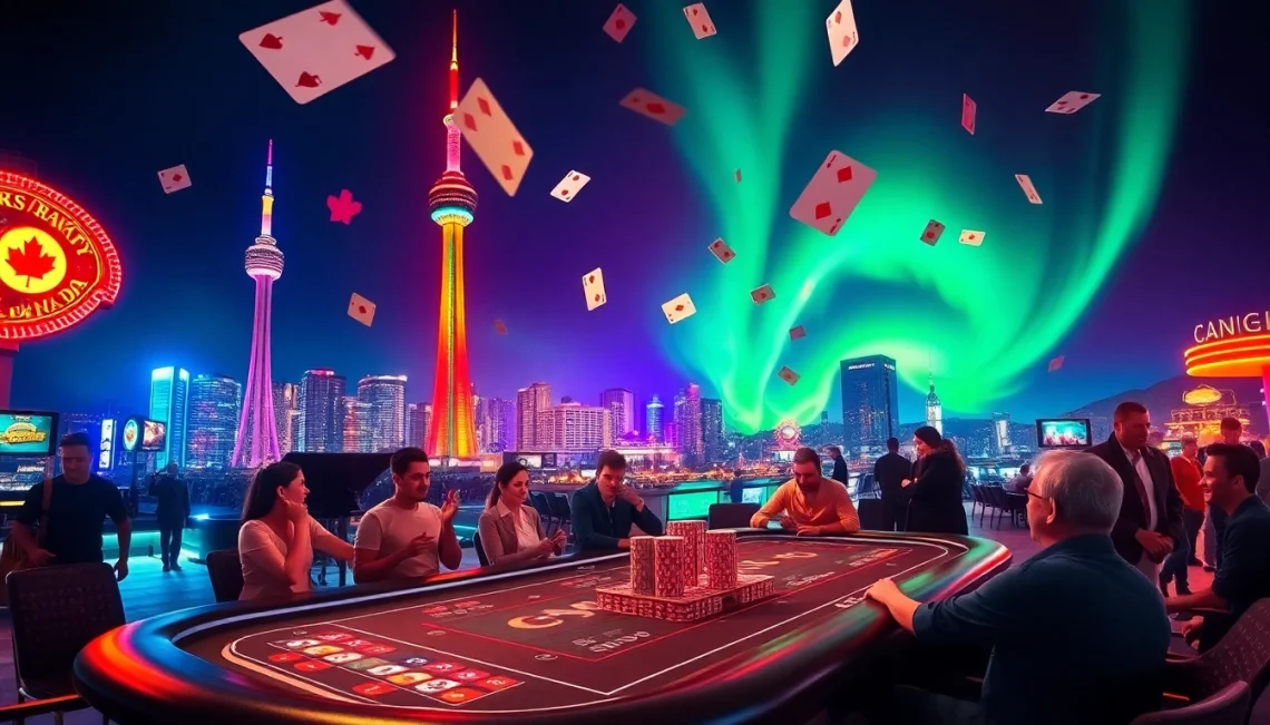 Experience the thrill of Canada online casinos with an engaging casino scene against a Canadian backdrop.