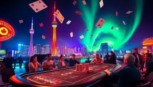 Experience the thrill of Canada online casinos with an engaging casino scene against a Canadian backdrop.