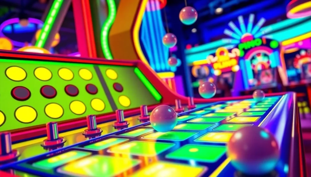 Permainan situs plinko yang menarik dengan papan berwarna-warni di latar belakang kasino yang ceria.