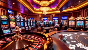 A thrilling scene at https://www.6rwin33.com/ with vibrant casino games and enthusiastic players.