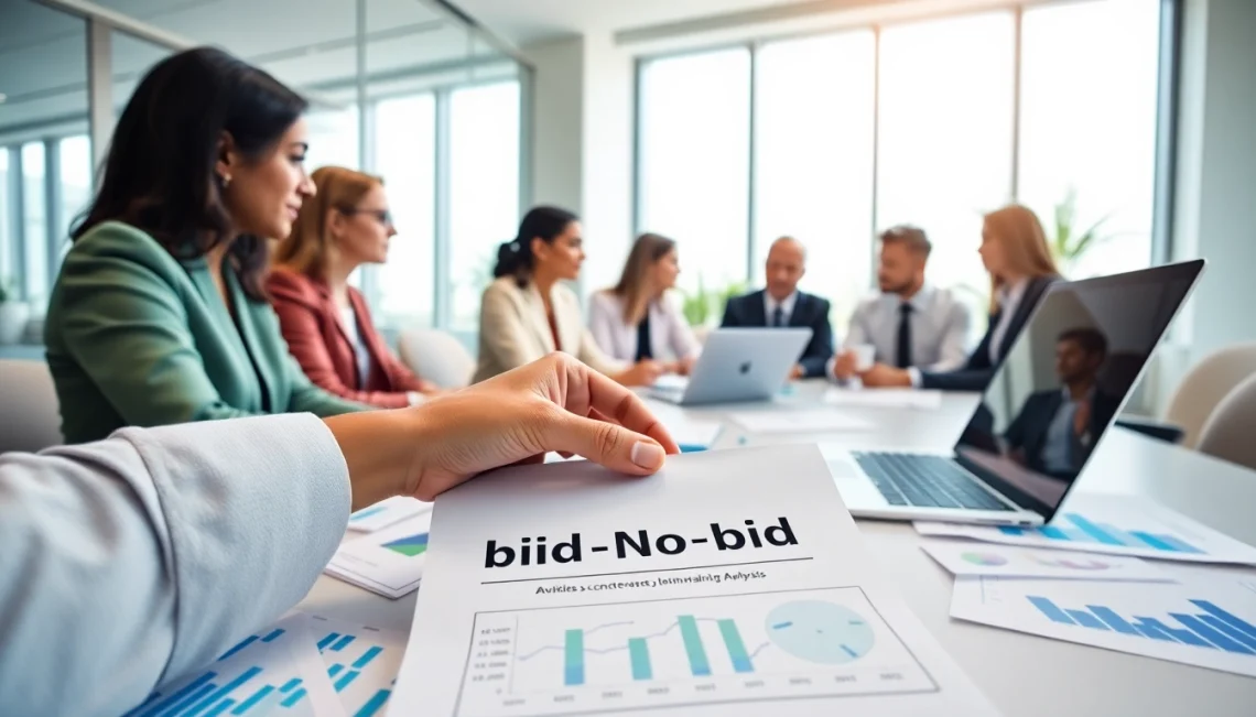 Team strategizing over documents in a bid-no-bid analysis session highlighting collaboration.