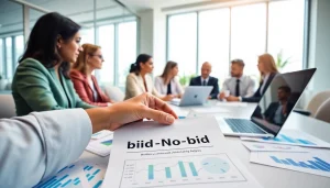 Team strategizing over documents in a bid-no-bid analysis session highlighting collaboration.