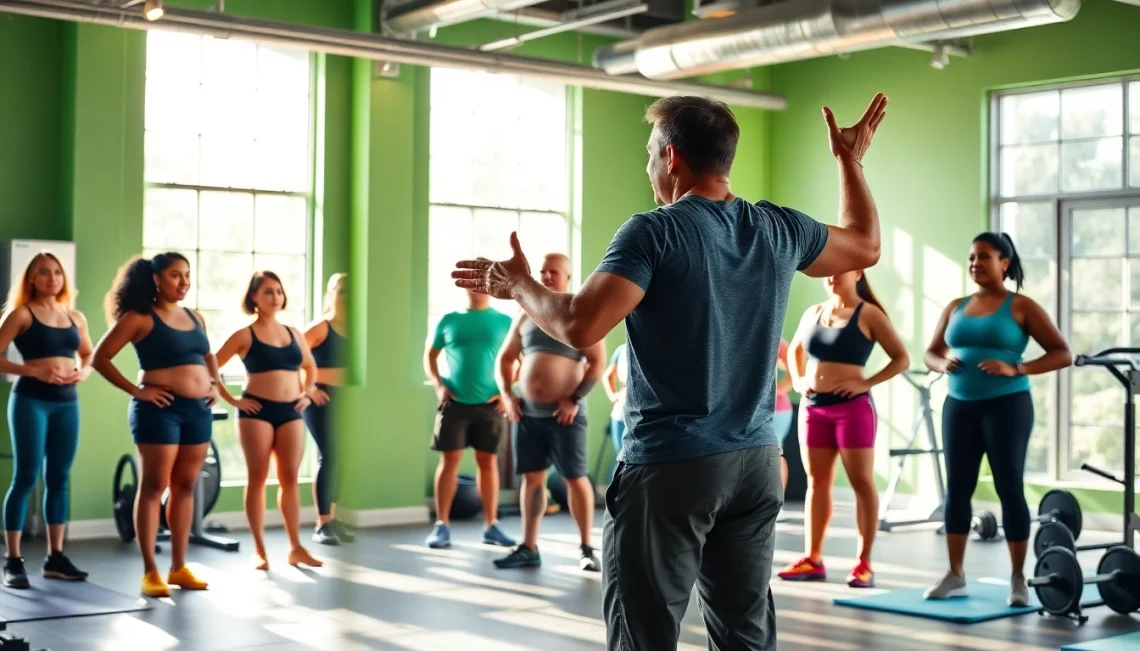 Fitness coach motivates others to overcome weight loss plateau in a gym environment.