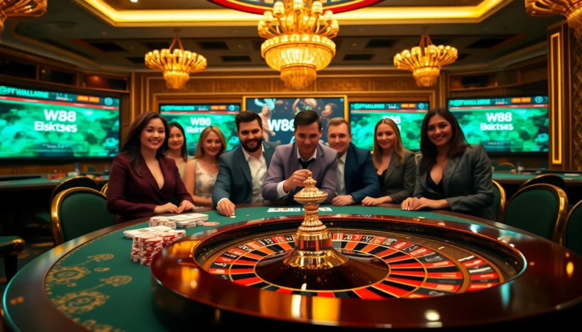 Engage with the thrilling world of W88 link at a luxurious casino table filled with cards and chips.