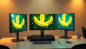 Futuristic workspace showcasing nano banana 2 AI-generated art with vibrant colors and innovative tech.