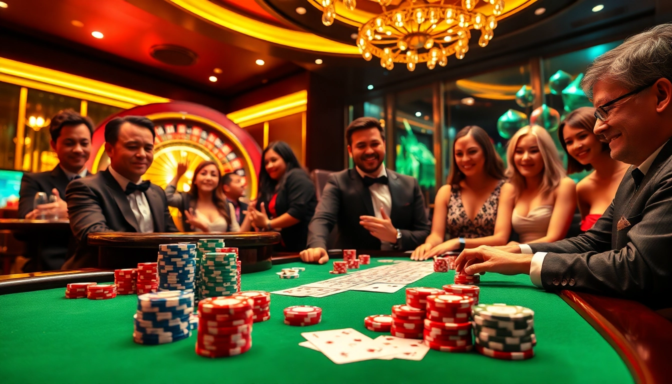 Experience the excitement of a vibrant casino scene with poker chips and a roulette wheel at https://jun88buzz.info/.