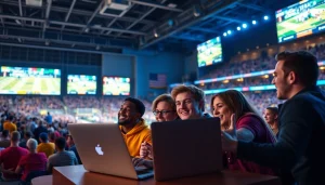 Engaging moment of online sports betting Georgia with friends analyzing game stats and placing bets.