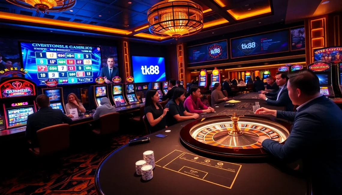 tk88 players enjoy thrilling gaming experiences at a luxurious casino table with colorful chips.