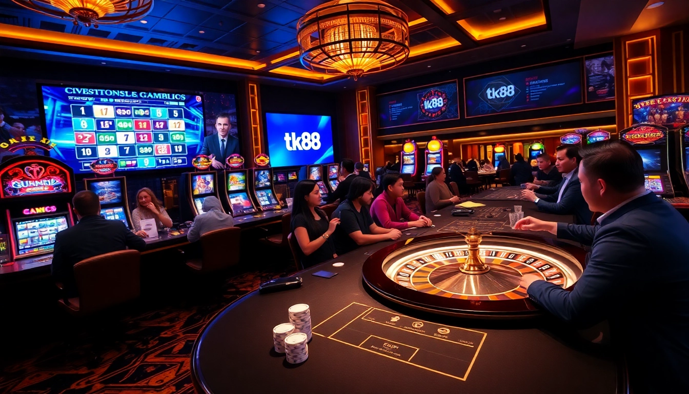 tk88 players enjoy thrilling gaming experiences at a luxurious casino table with colorful chips.