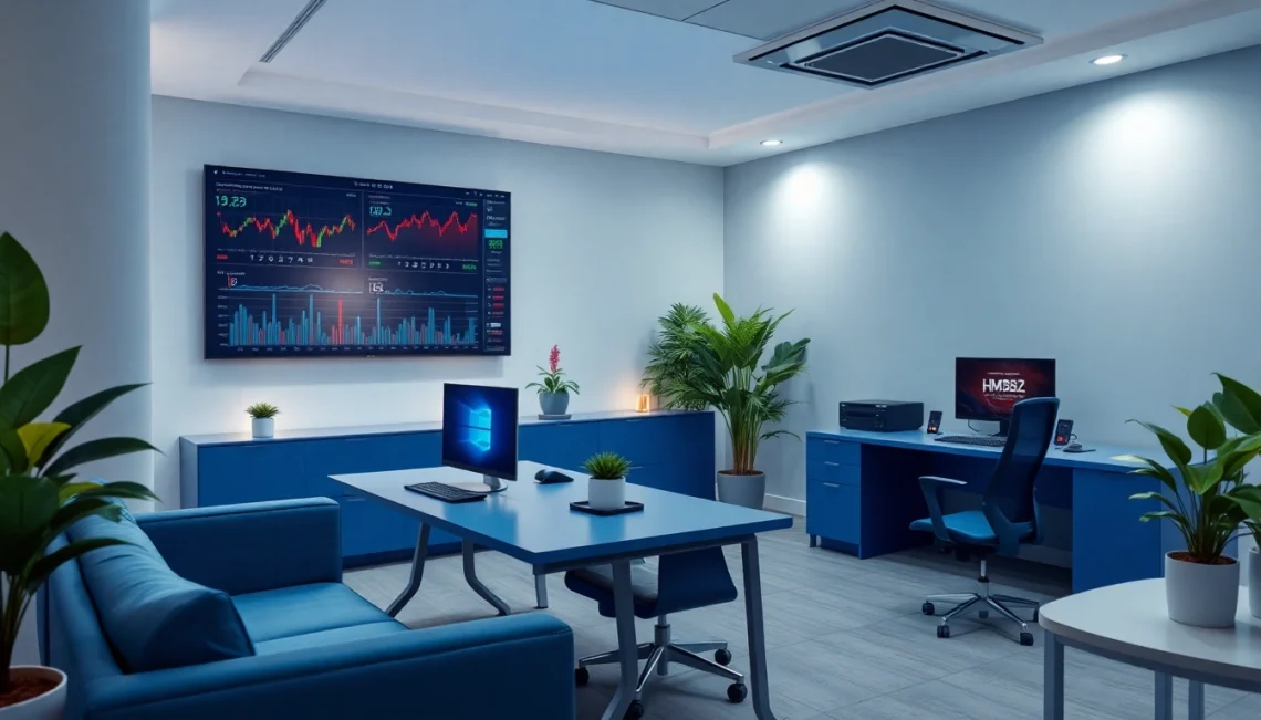 Dynamic office scene displaying digital finance and gaming elements related to http://hm88.blue/.