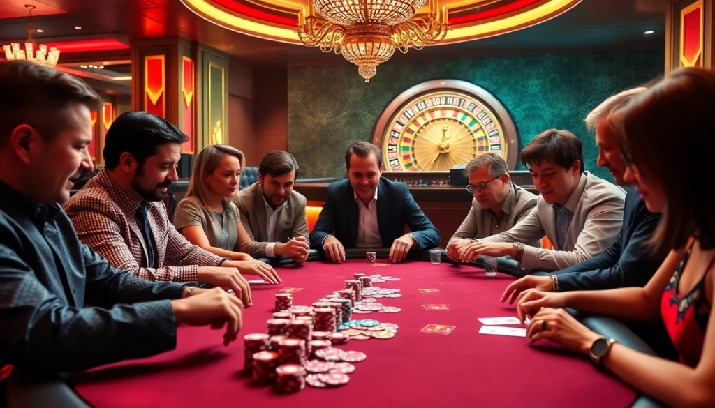 Engaged players at a BK8 เว็บตรง poker table, showcasing excitement in a vibrant casino setting.