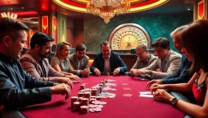Engaged players at a BK8 เว็บตรง poker table, showcasing excitement in a vibrant casino setting.