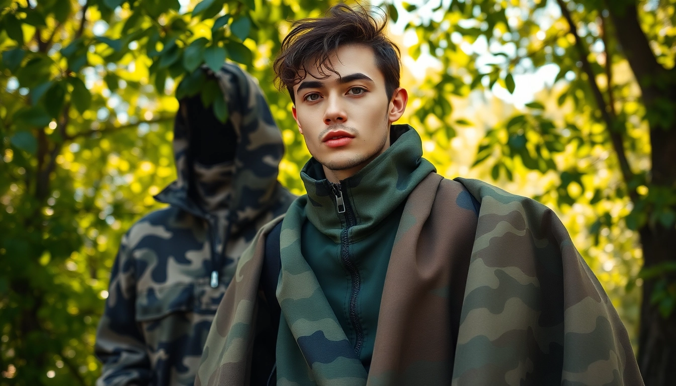 Bekijk camouflage stoffen in verschillende texturen en patronen met een natuurlijke achtergrond.