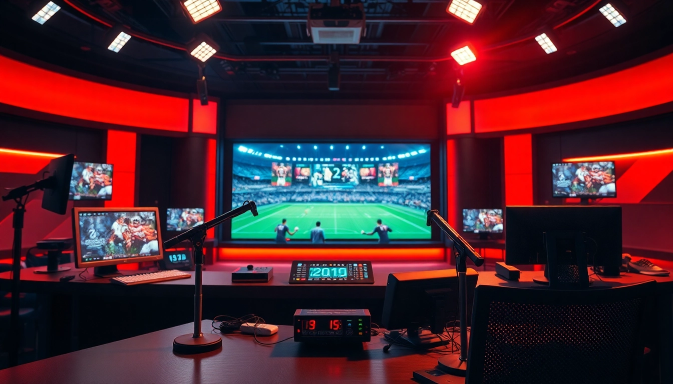 Sports Broadcasting studio with live game highlights and broadcasting equipment.