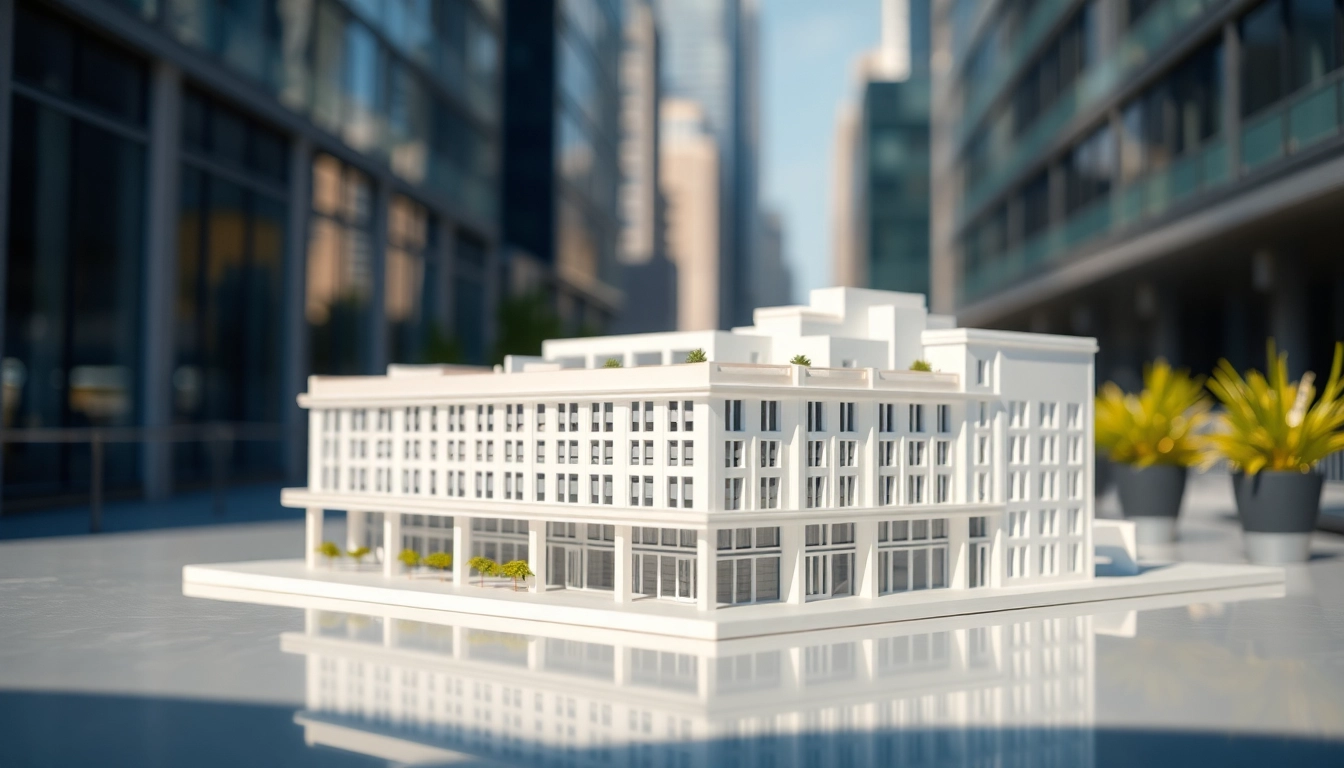 Architekturmodellbau Chemnitz: Detailliertes Modell eines modernen Gebäudes in urbaner Umgebung.